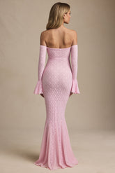 Off-Shoulder Ruffle Lace Maxi Dress in Soft Pink